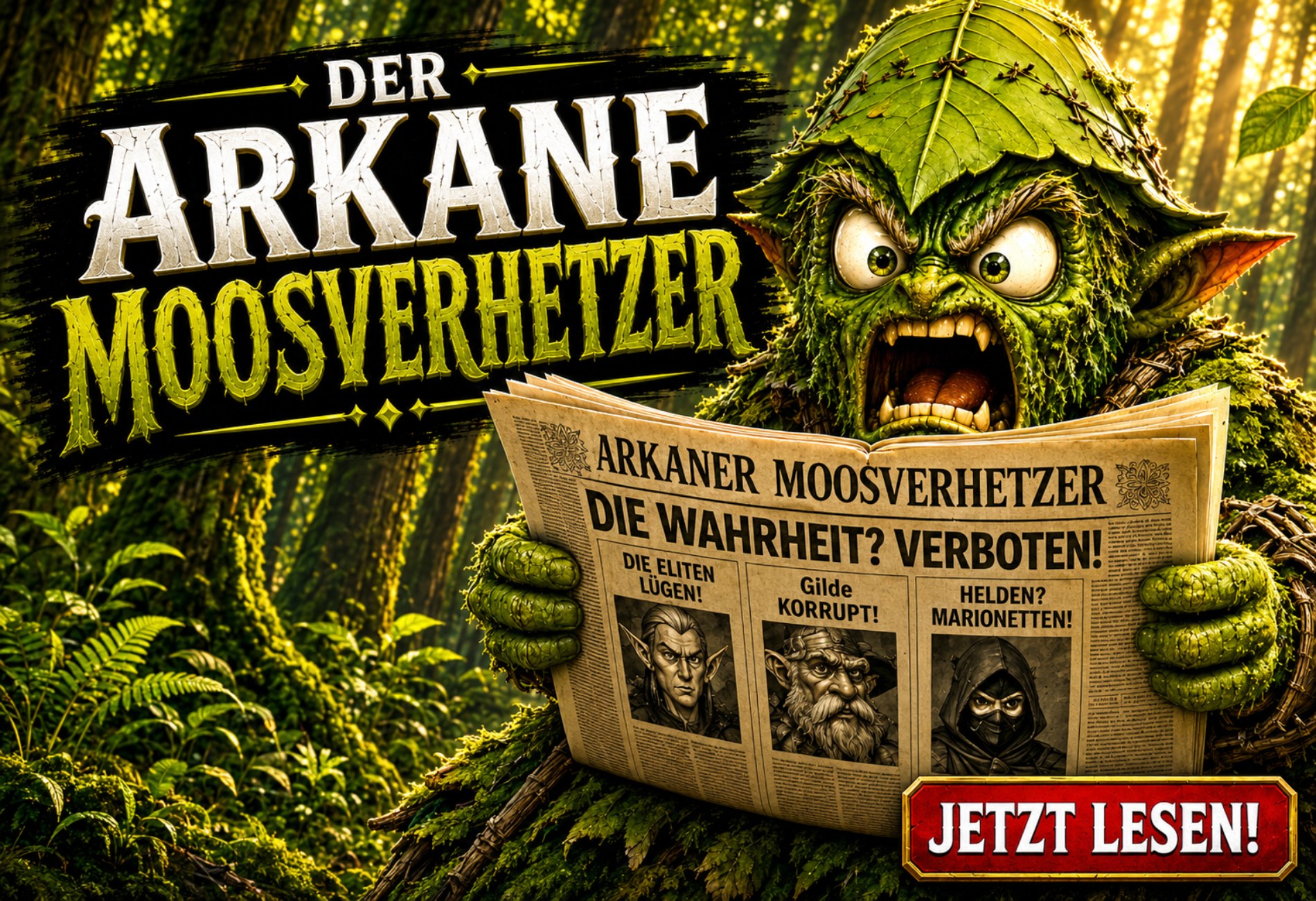 Fantasy-Satire-Banner: Ein Moosling mit glühenden Augen liest wütend in einem grünen Blattbuch. Darüber der Schriftzug ‚Nichts als die Wahrheit‘, unten der Titel ‚Der Arkane Moosverhetzer‘ und ein Button mit ‚Jetzt lesen!‘