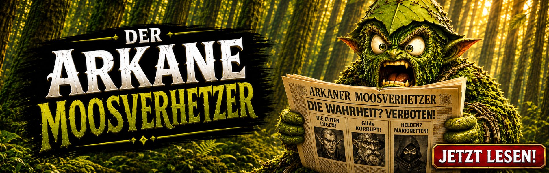 Nichts als die Wahrheit. Schmaler Banner für den Arkanen Moosverhetzer. Ein Moosling mit Blatthelm, der wütend eine Propagangazeitung liest. 