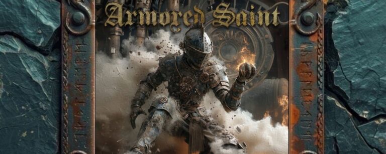 Albumcover von Armored Saint – Emotion Factory Reset: Eine alte, stark beschädigte Ritterrüstung bricht aus einer staubigen Wand hervor. Um sie herum fliegen Trümmer, Rauch und Funken, im Hintergrund sind industrielle Rohre, ein großes rundes Metalltor und Feuer zu sehen. Oben steht das große Armored Saint-Logo in goldener Schrift, unten der Albumtitel Emotion Factory Reset.