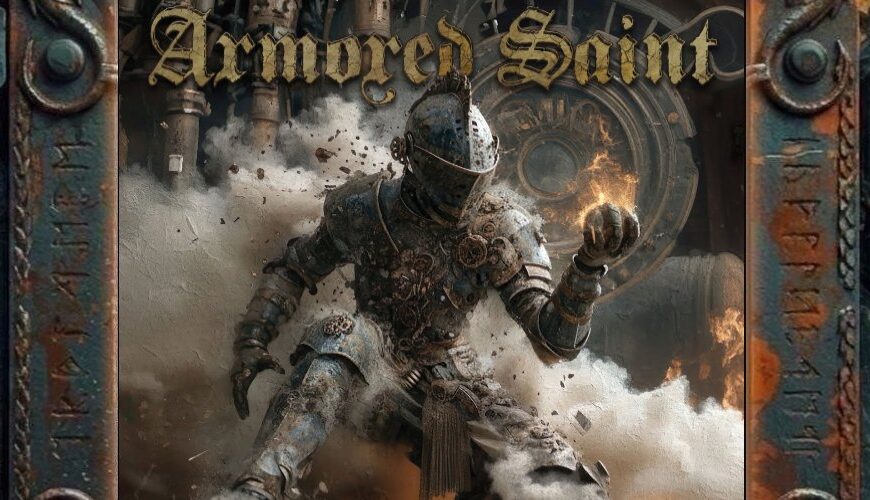 Albumcover von Armored Saint – Emotion Factory Reset: Eine alte, stark beschädigte Ritterrüstung bricht aus einer staubigen Wand hervor. Um sie herum fliegen Trümmer, Rauch und Funken, im Hintergrund sind industrielle Rohre, ein großes rundes Metalltor und Feuer zu sehen. Oben steht das große Armored Saint-Logo in goldener Schrift, unten der Albumtitel Emotion Factory Reset.