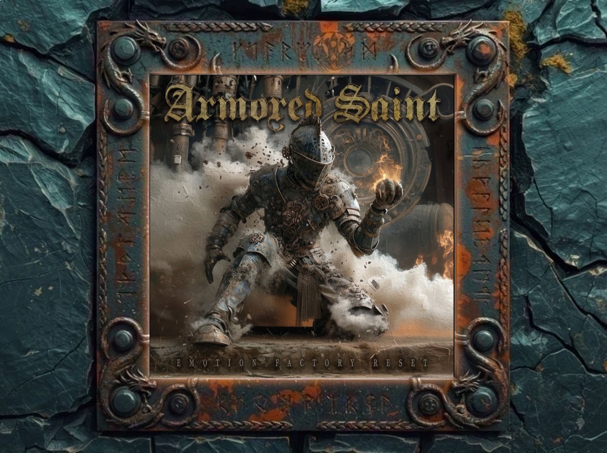 Albumcover von Armored Saint – Emotion Factory Reset: Eine alte, stark beschädigte Ritterrüstung bricht aus einer staubigen Wand hervor. Um sie herum fliegen Trümmer, Rauch und Funken, im Hintergrund sind industrielle Rohre, ein großes rundes Metalltor und Feuer zu sehen. Oben steht das große Armored Saint-Logo in goldener Schrift, unten der Albumtitel Emotion Factory Reset.