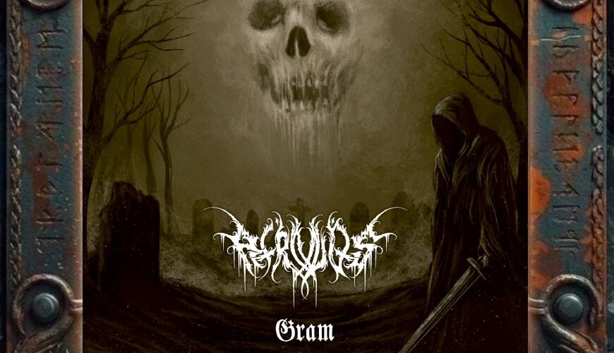 Albumcover von Atronos – Gram: Düsteres grünlich-schwarzes Friedhofsartwork mit einem großen geisterhaften Totenschädel im Nebel, kahlen Bäumen, Grabsteinen und einer verhüllten Gestalt mit Sense auf der rechten Seite. Im unteren Bereich steht das weiße Bandlogo, darunter der Albumtitel Gram.