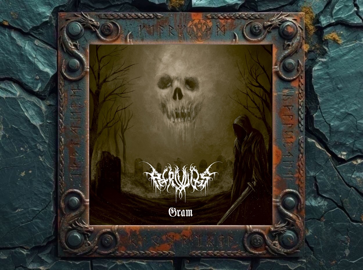 Albumcover von Atronos – Gram: Düsteres grünlich-schwarzes Friedhofsartwork mit einem großen geisterhaften Totenschädel im Nebel, kahlen Bäumen, Grabsteinen und einer verhüllten Gestalt mit Sense auf der rechten Seite. Im unteren Bereich steht das weiße Bandlogo, darunter der Albumtitel Gram.