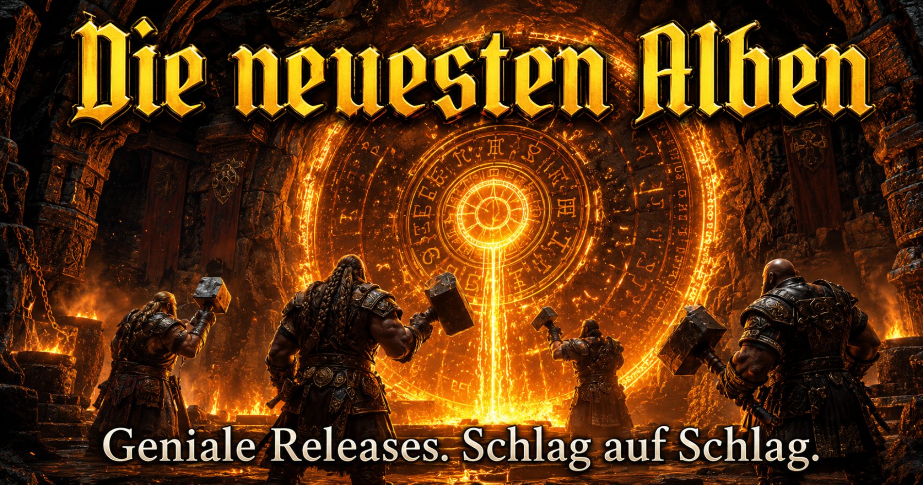 Vier zwergische Schmiede hämmern in einer feurigen Höhle eine gigantische, glühende CD aus dem Fels – Symbol für neue Alben, die Schlag auf Schlag erscheinen.