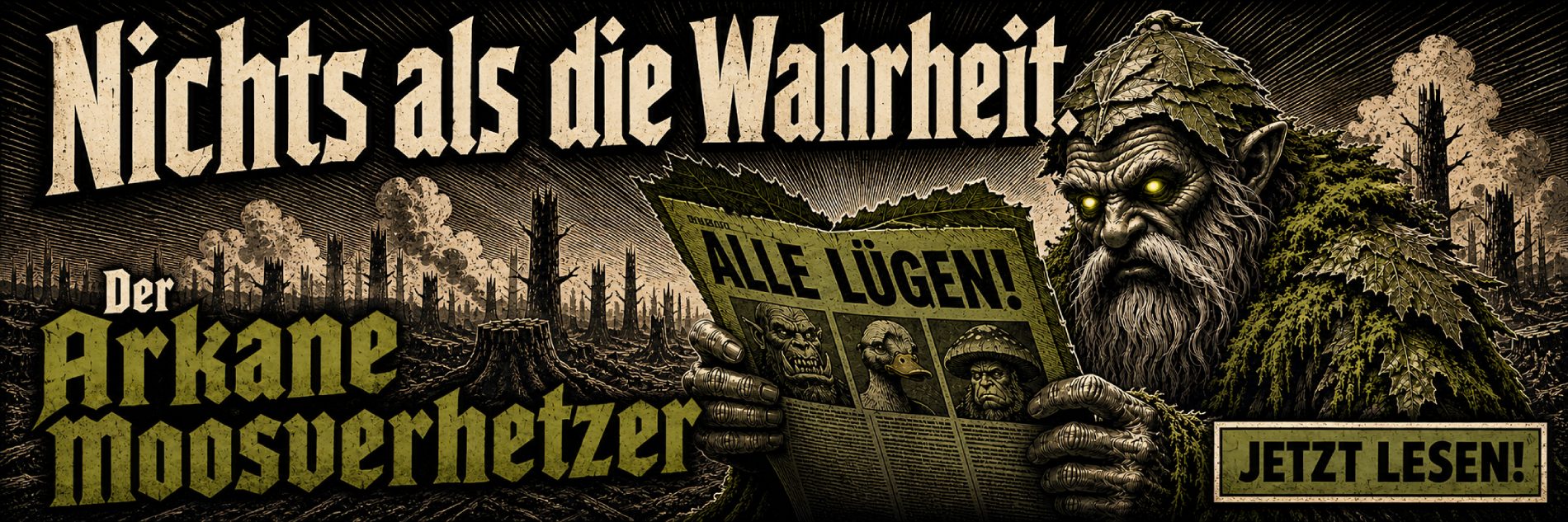 Nichts als die Wahrheit. Schmaler Banner für den Arkanen Moosverhetzer. Ein Moosling mit Blatthelm, der wütend eine Propagangazeitung liest. 