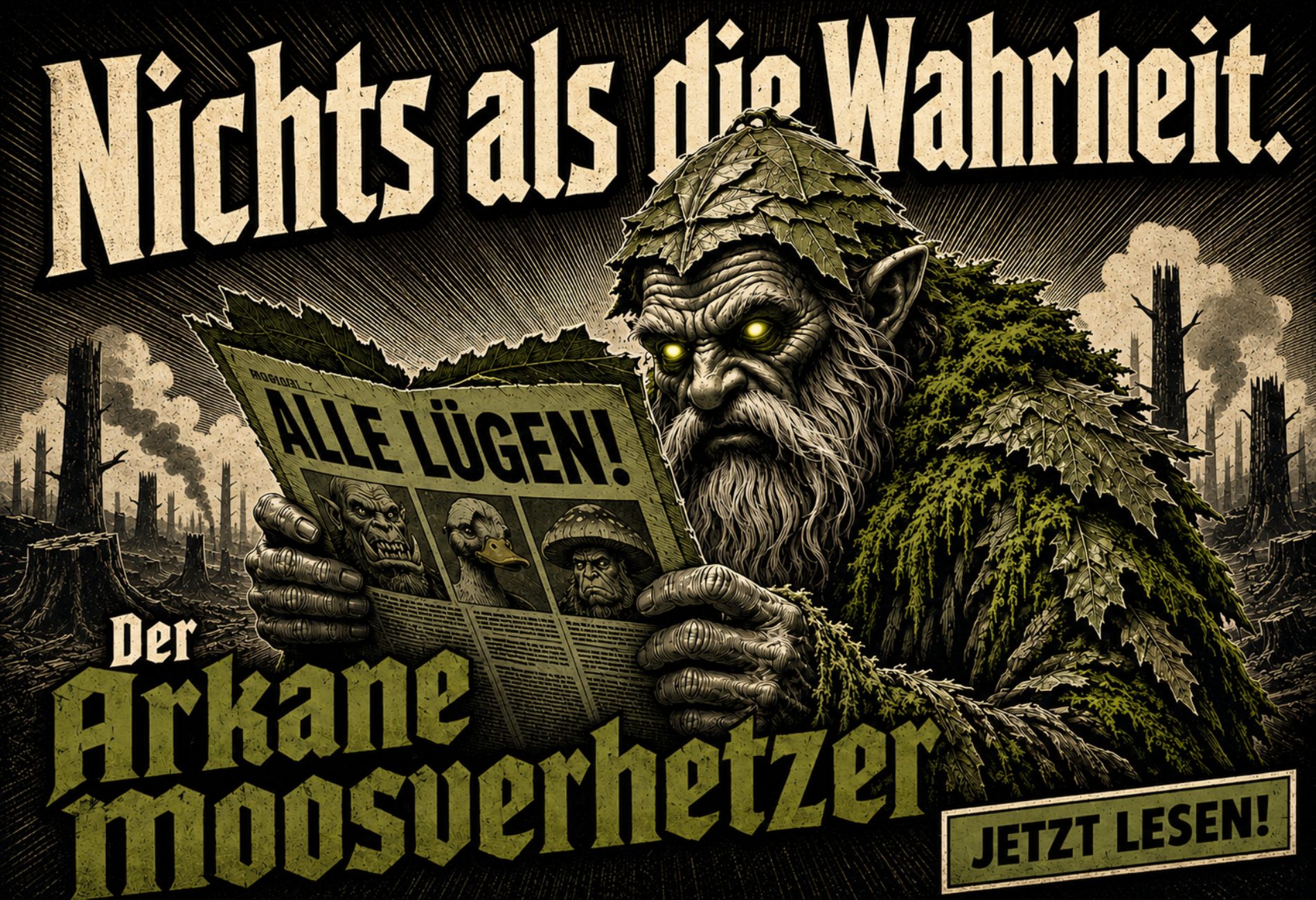 Fantasy-Satire-Banner: Ein Moosling mit glühenden Augen liest wütend in einem grünen Blattbuch. Darüber der Schriftzug ‚Nichts als die Wahrheit‘, unten der Titel ‚Der Arkane Moosverhetzer‘ und ein Button mit ‚Jetzt lesen!‘