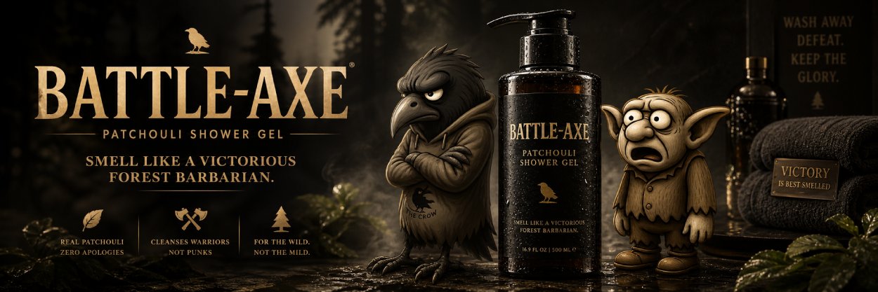 Ironisch-düstere Lifestyle-Werbung für ein fiktives Patchouli-Duschgel namens „BATTLE-AXE“: In einer dunklen, nebligen Wald-Spa-Atmosphäre steht eine fotorealistische schwarze Pumpflasche im Zentrum. Links daneben posiert ein grimmiger Krähen-Charakter im Hoodie mit verschränkten Flügeln, rechts ein erschrockener kleiner Goblin. Goldene Werbeschrift und rustikale Wellness-Details wie Handtücher, Flaschen und Blätter verstärken den satirischen Premium-Look.