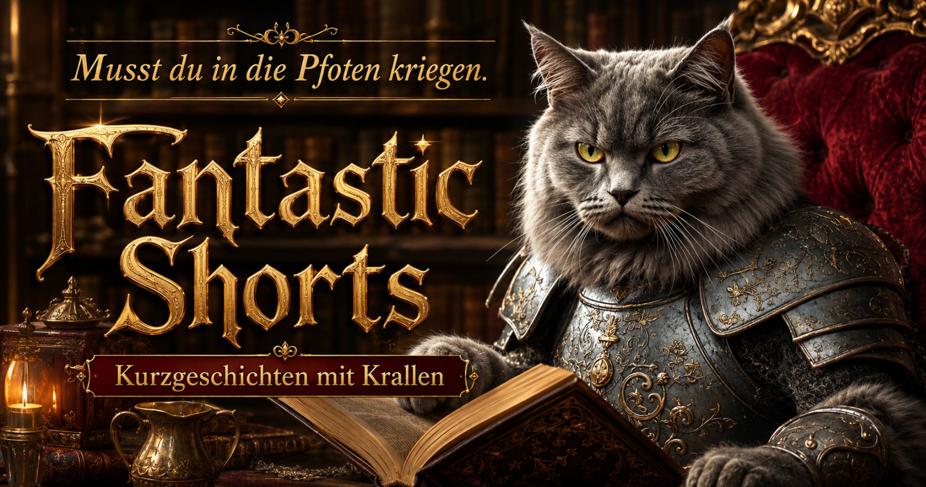 Graue Katze in Ritterrüstung blättert ernsthaft in einem alten Buch, im Hintergrund Bücherregale – Banner für Fantastic Shorts: Kurzgeschichten mit Krallen.