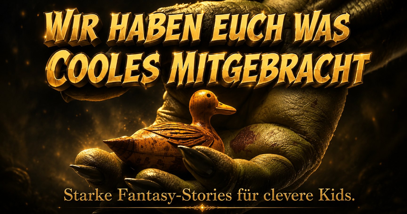 Grüne Monsterhand hält eine kleine Holzente, darüber der Text: Wir haben euch was Cooles mitgebracht. Darunter: Starke Fantasy-Stories für clevere Kids.