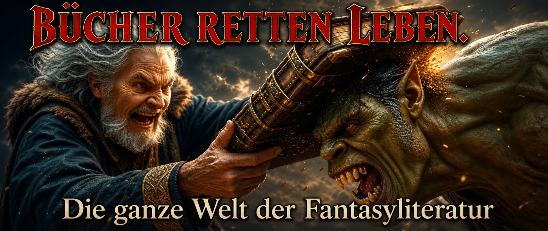 Banner für Fantasy Literatur. Zauberer verprügelt Ork mit Folianten.