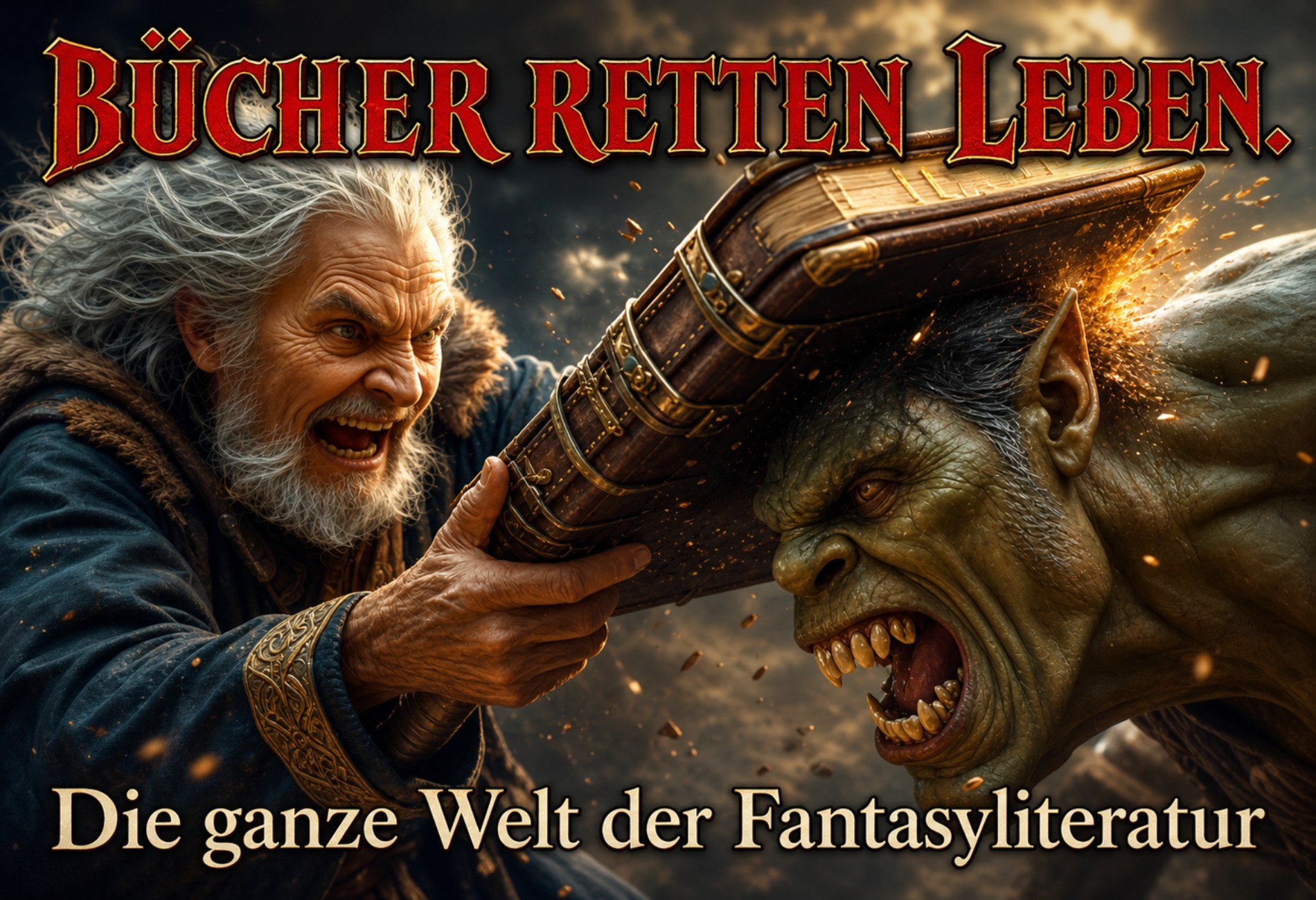 Dynamisches Fantasy-Banner: Ein entschlossener alter Mann schlägt einem wütenden Ork mit einem riesigen antiken Buch auf den Kopf. Hier wird die macht der Fantasy Literatur gezeigt. Headline: Bücher retten Leben!