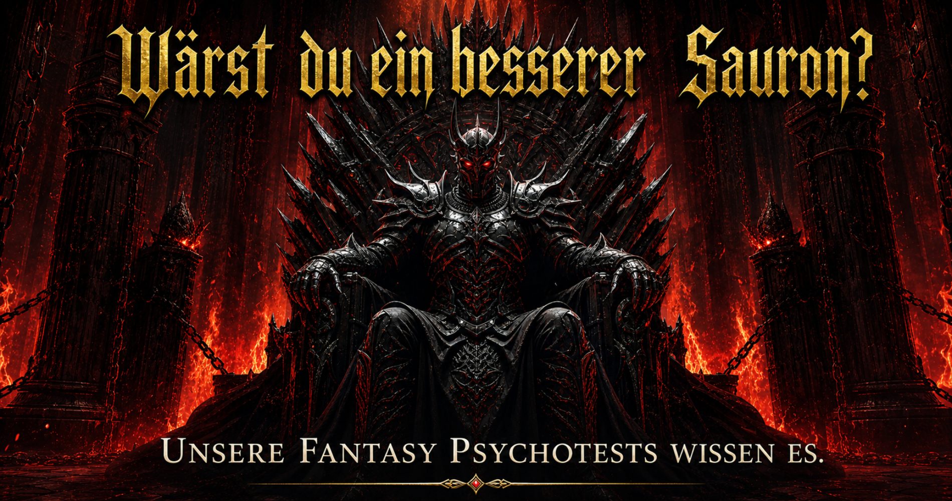 Ein grimmiger Ork starrt mit weit aufgerissenen Augen direkt in die Kamera, im Hintergrund ein Holzknüppel. Text: ‚Clever genug, Mordor zu beherrschen? Unsere Fantasy-Psychotests verraten es dir.