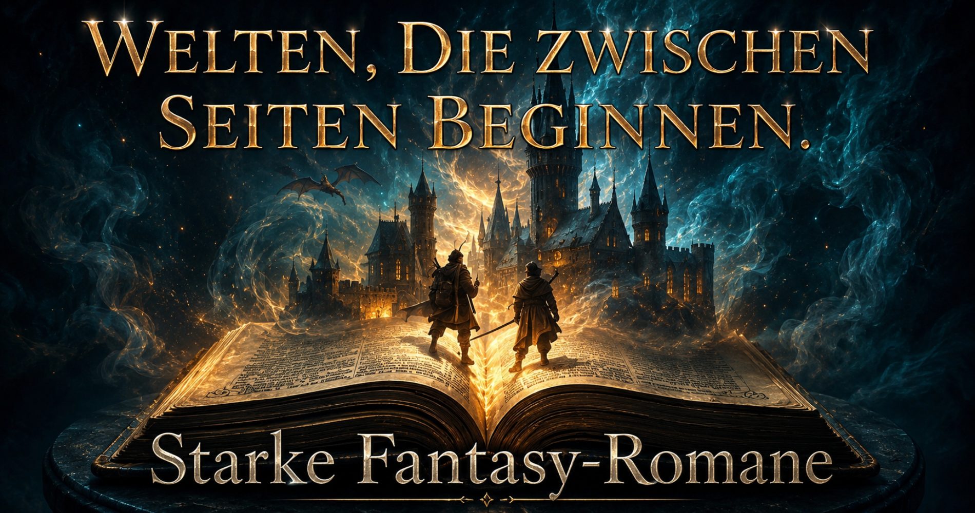 Ein altes, aufgeschlagenes Fantasybuch liegt auf einem Podest, aus seinen Seiten steigen Rauch und Magie auf. Zwei Figuren schreiten in eine leuchtende Burgkulisse, während ein Drache über ihnen kreist.