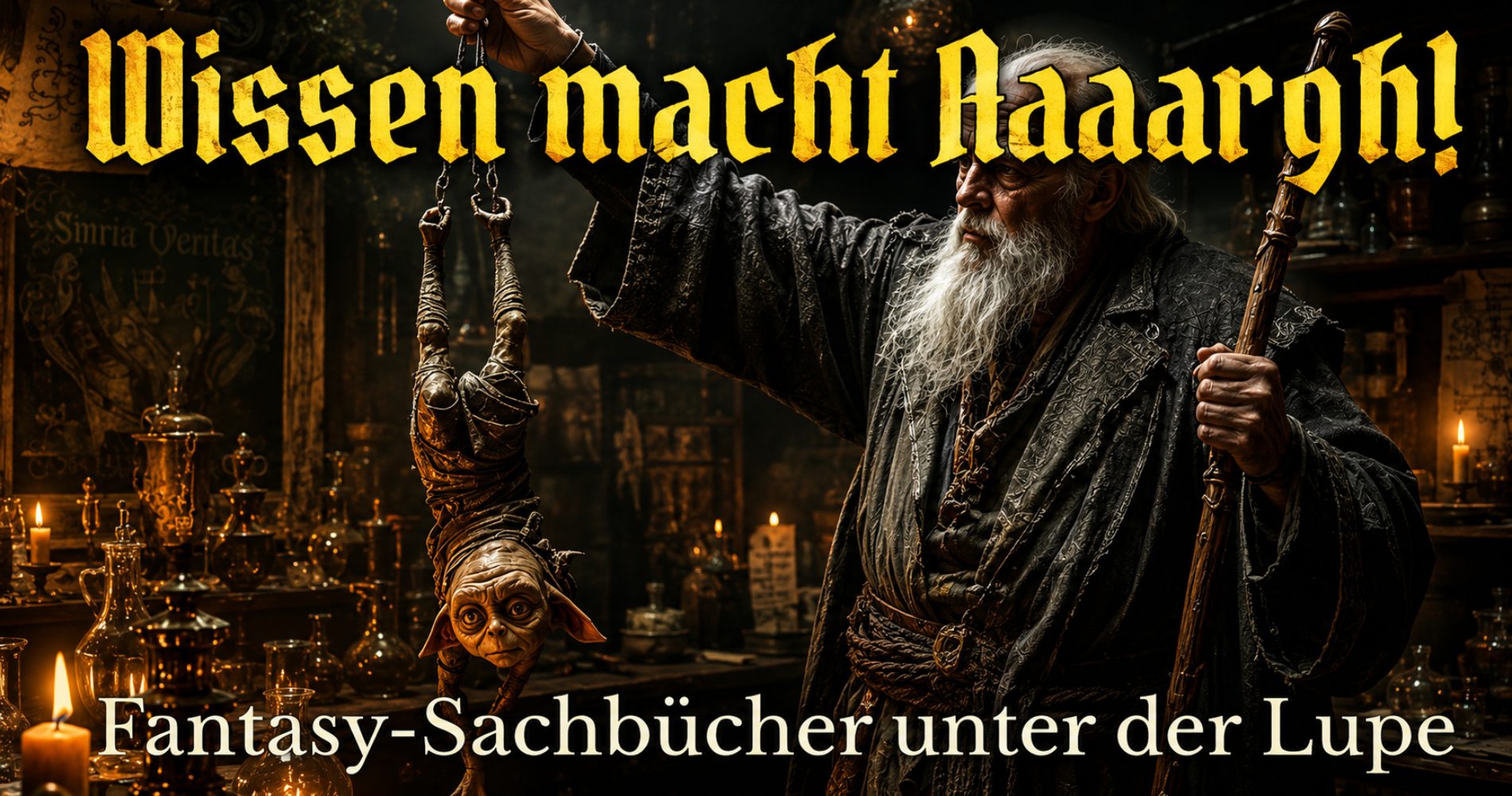 Ein finsterer Gelehrter hält in einem alten Labor einen zappelnden Goblin kopfüber an einem Seil, während er mit ernster Miene einen Maßstab in der Hand trägt. Auf dem Tisch liegen geöffnete Bücher, Kerzen flackern, Wissen wird hier buchstäblich zur Folterkammer. Banneraufschrift: ‚Wissen macht Aaaaargh!‘ – Fantasykosmos Sachbücher.
