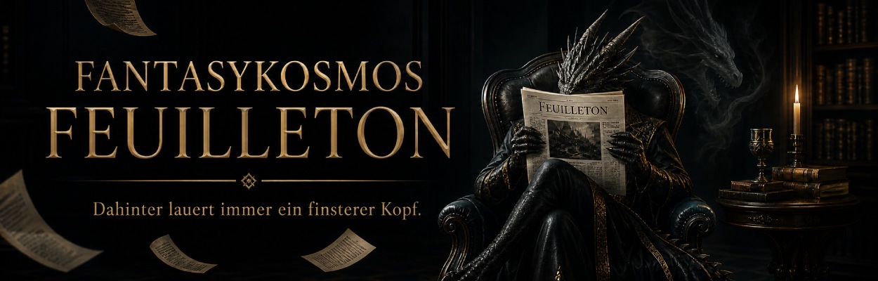 Der banner für das Fantasykosmos Feuilleton mit lesendem Drachen hinter Zeitung. 