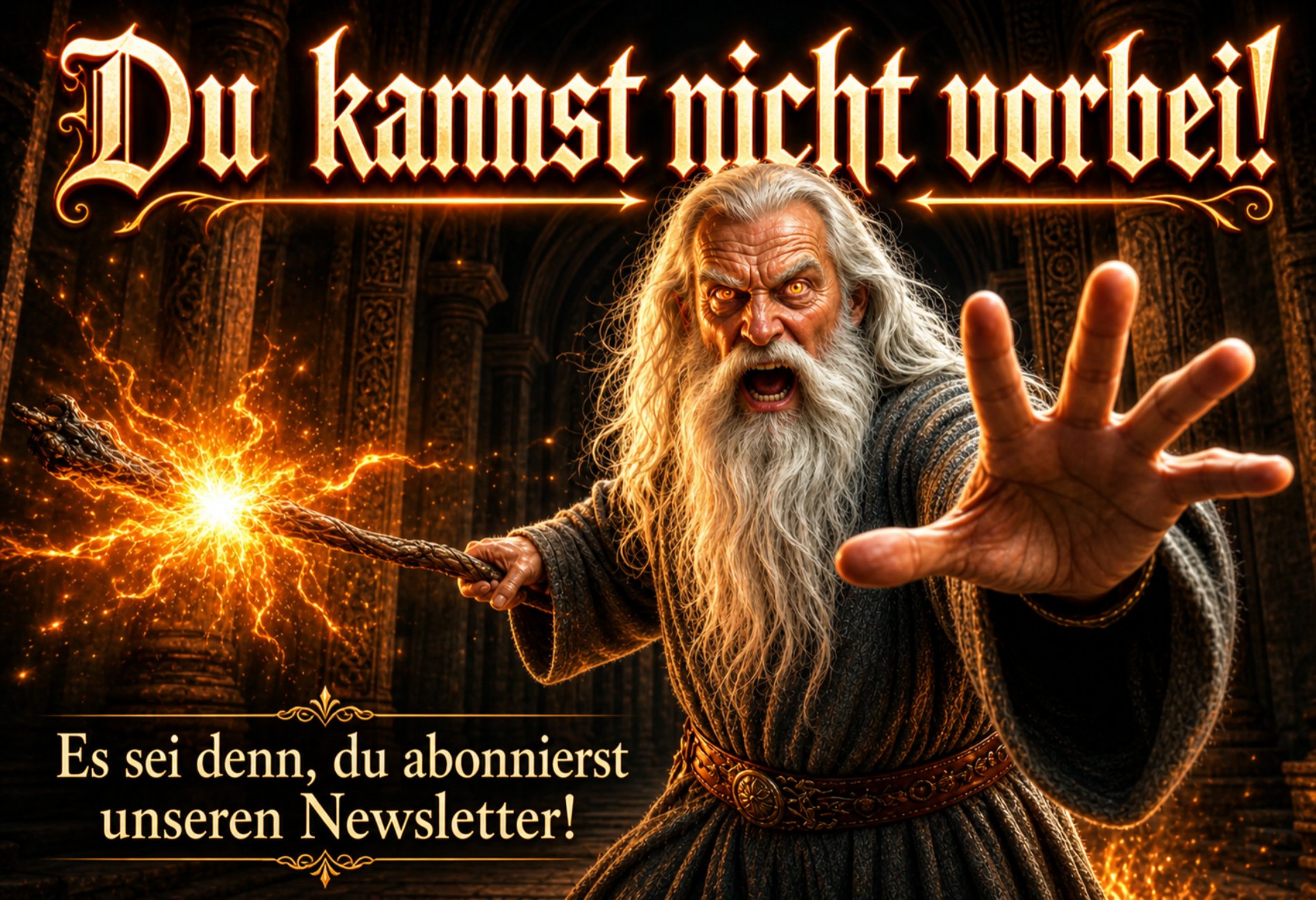 Episches Fantasy-Banner im Stil von Gandalf: Ein weißbärtiger Zauberer blockiert mit erhobenem Stab den Weg und ruft ‚Du kannst nicht vorbei!‘. Darunter der Zusatz: ‚Es sei denn, du abonnierst unseren Newsletter!‘. Rechts unten ein glühender, magischer Button mit der Aufschrift: ‚Lass mich rein, du Narr!