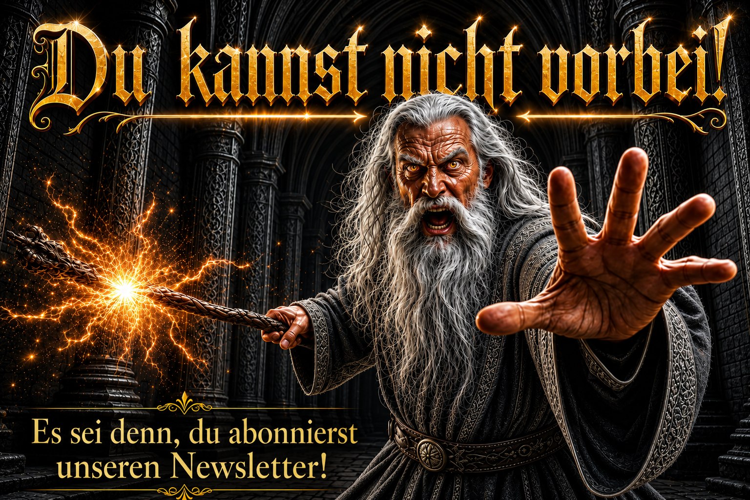Episches Fantasy-Banner im Stil von Gandalf: Ein weißbärtiger Zauberer blockiert mit erhobenem Stab den Weg und ruft ‚Du kannst nicht vorbei!‘. Darunter der Zusatz: ‚Es sei denn, du abonnierst unseren Newsletter!‘. Rechts unten ein glühender, magischer Button mit der Aufschrift: ‚Lass mich rein, du Narr!