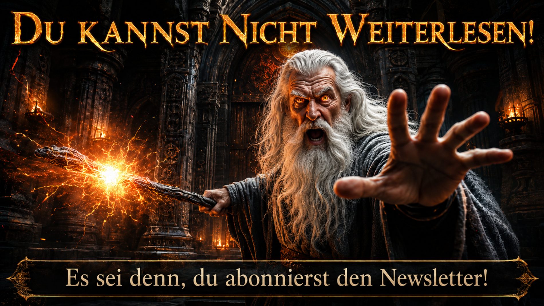 Banner für den Newsletter im Fantasykosmos mit Gandalf, der den Leser nicht vorbeilässt,