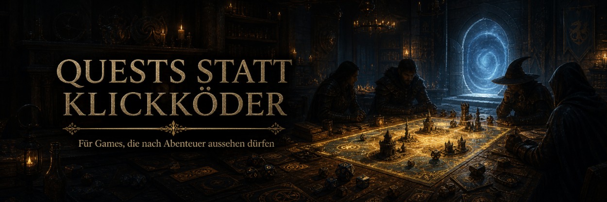 Düster-ironischer Fantasy-Werbebanner mit der Überschrift „Quests statt Klickköder“. In einer dunklen Taverne oder Strategiekammer sitzen mehrere abenteuerlich gekleidete Gestalten um einen leuchtenden Spieltisch voller Karten, Würfel und Miniaturen. Im Hintergrund öffnet sich ein magisches blaues Portal. Der Banner wirbt mit dem Slogan: „Für Games, die nach Abenteuer aussehen dürfen.“