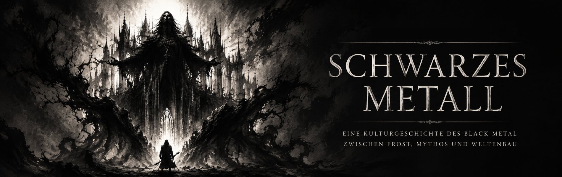 Banner für die Serie Schwarzes Metall über die Geschichte des Black Metals. 