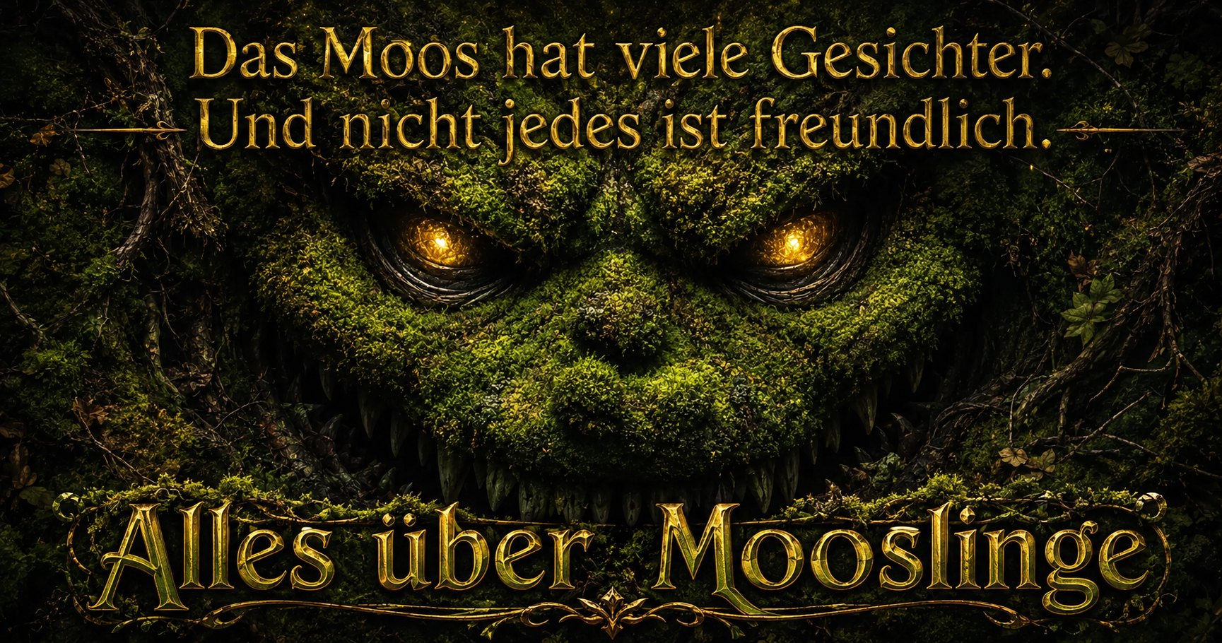 Moosbedecktes, dämonisch grinsendes Gesicht mit leuchtenden Augen und scharfen Zähnen, darüber der Text: Das Moos hat viele Gesichter. Und nicht jedes ist freundlich. Darunter: Alles über Mooslinge.