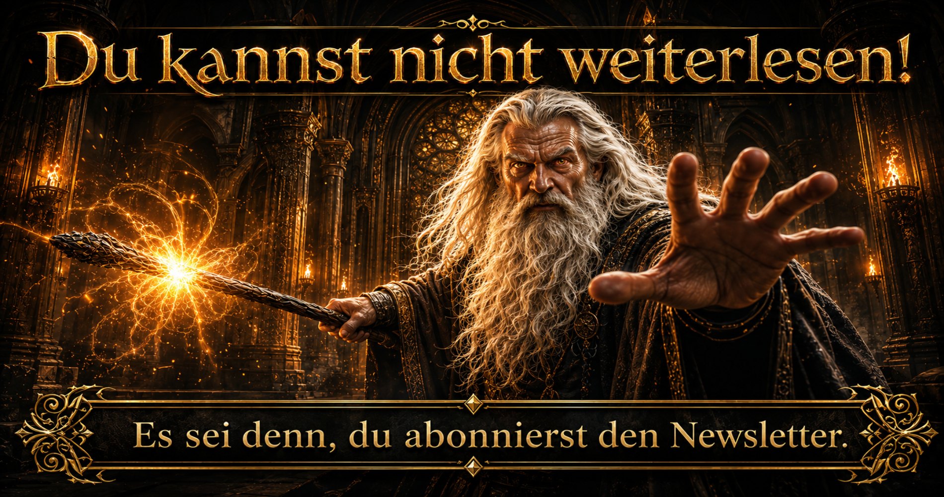 Banner für den Newsletter im Fantasykosmos mit Gandalf, der den Leser nicht vorbeilässt,