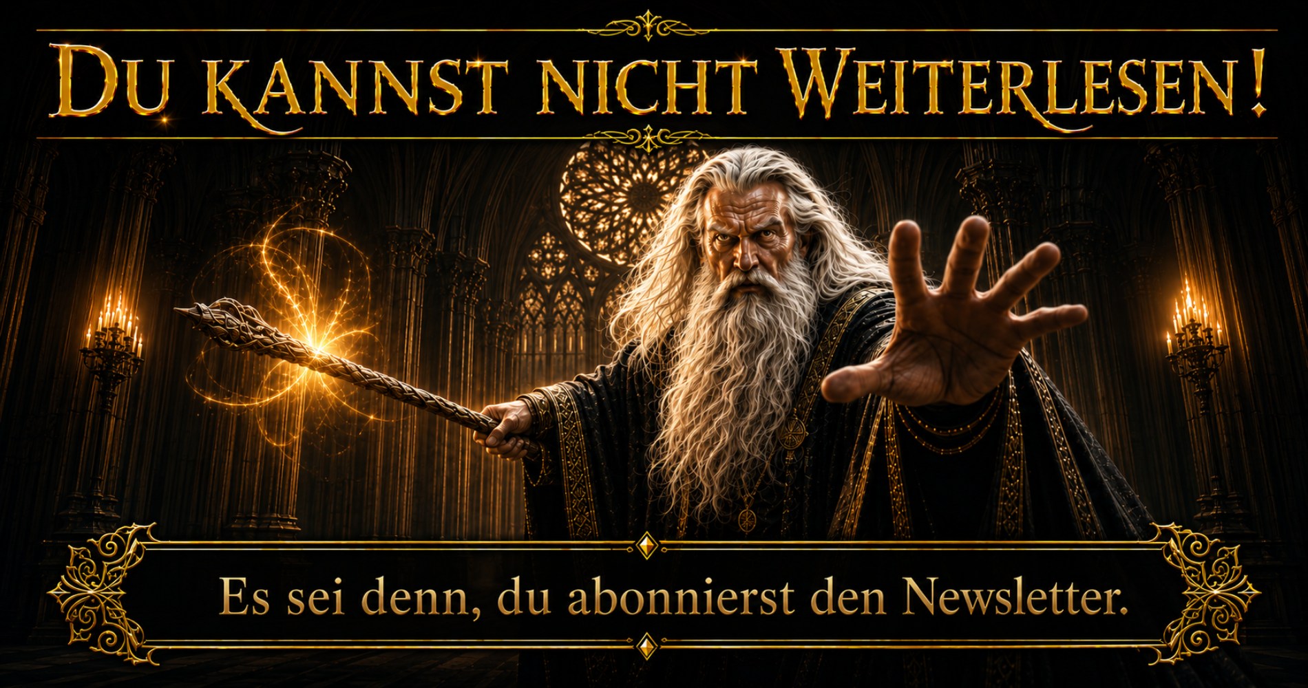 Banner für den Newsletter im Fantasykosmos mit Gandalf, der den Leser nicht vorbeilässt,