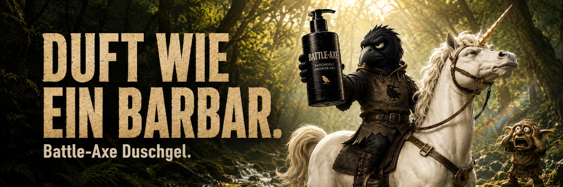 Ironisch-düstere Lifestyle-Werbung für ein fiktives Patchouli-Duschgel namens „BATTLE-AXE“: In einer dunklen, nebligen Wald