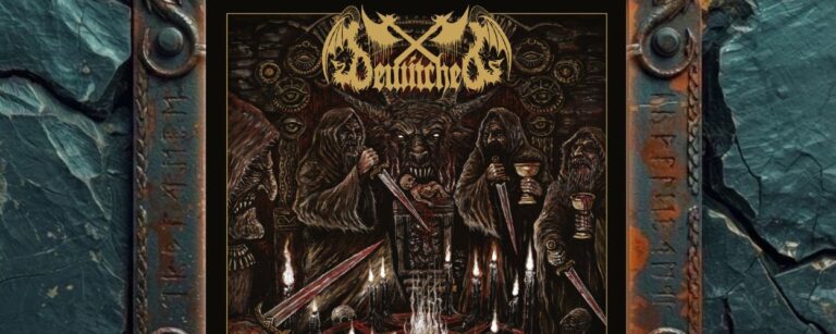 Albumcover von Bewitched – Diabolical Death Mass: Düsteres Black/Thrash-Metal-Cover mit okkulter Ritualszene, vermummten Gestalten, Dolchen, Kelchen, Kerzen, Schädeln und einer gehörnten Dämonenfratze im Zentrum. Über der Szene steht das goldene Bewitched-Logo, darunter der Titel Diabolical Death Mass. Das Bild wirkt wie eine schwarze Messe in einer blutverschmierten Opferkammer.