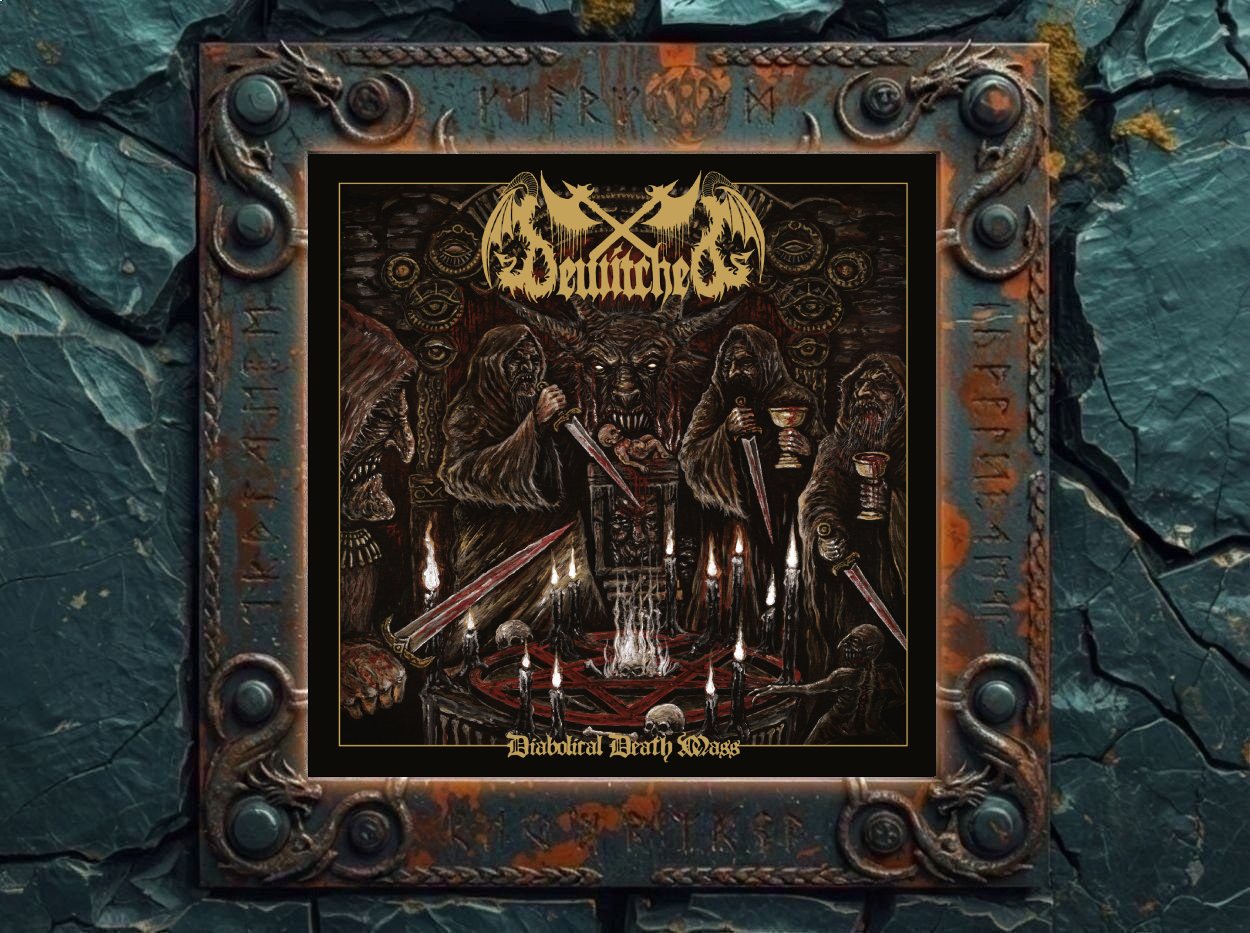 Albumcover von Bewitched – Diabolical Death Mass: Düsteres Black/Thrash-Metal-Cover mit okkulter Ritualszene, vermummten Gestalten, Dolchen, Kelchen, Kerzen, Schädeln und einer gehörnten Dämonenfratze im Zentrum. Über der Szene steht das goldene Bewitched-Logo, darunter der Titel Diabolical Death Mass. Das Bild wirkt wie eine schwarze Messe in einer blutverschmierten Opferkammer.