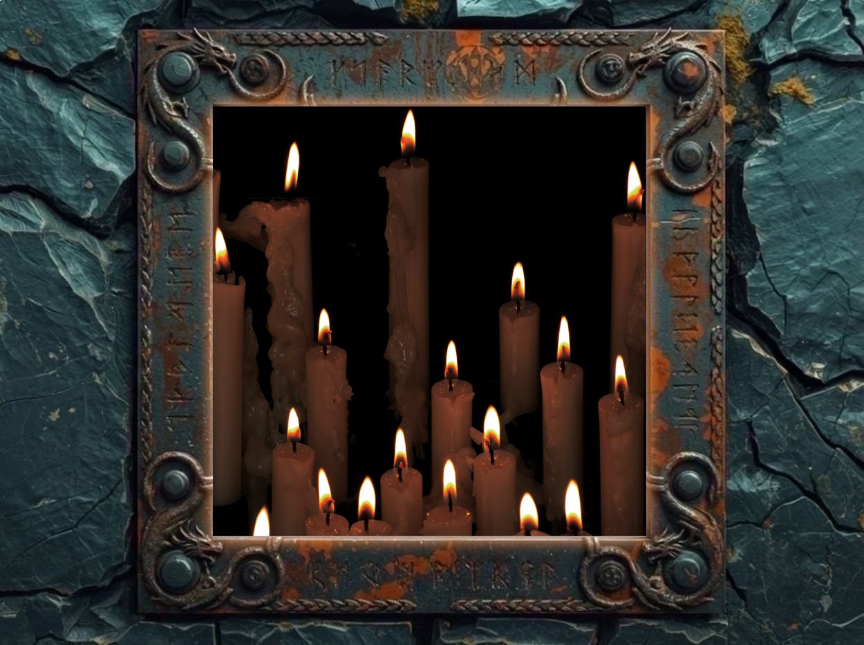 Albumcover von Black Cilice – Votive Fire: Mehrere brennende Kerzen stehen vor tiefschwarzem Hintergrund. Die unterschiedlich hohen Kerzen sind von herabtropfendem Wachs überzogen, ihre Flammen leuchten warm im Dunkeln und erzeugen eine minimalistische, rituelle Atmosphäre.