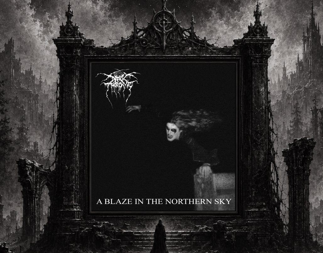 A Blaze in the Northern Sky. Das Cover des Albums auf einer Leinwand in der Fisnternis.