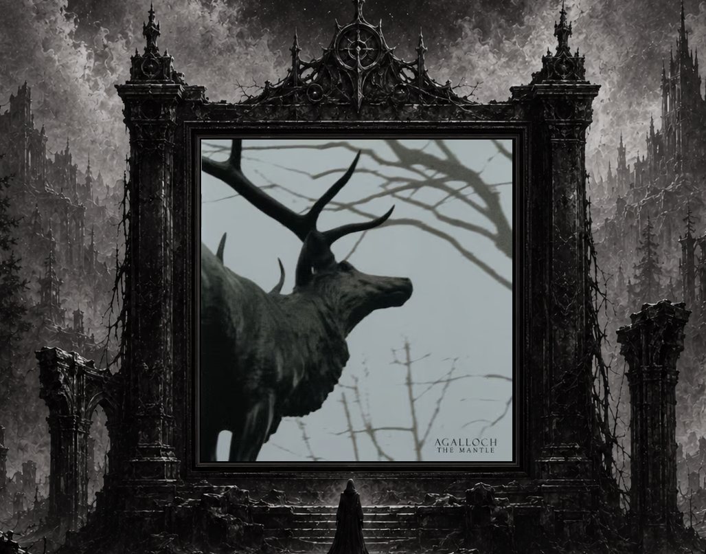 Agalloch The Mantle. Das Cover des Albums auf einer Leinwand in der Finsternis.
