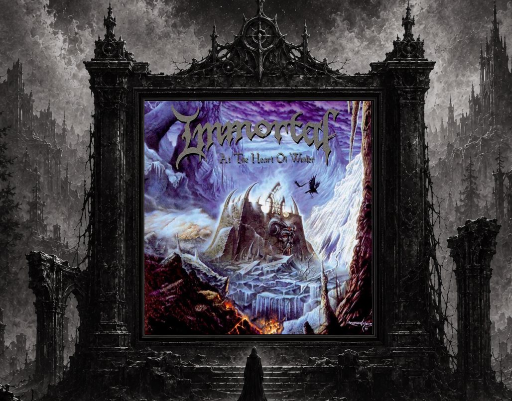 At The Heart Of Winter. Das Cover des Albums auf einer Leinwand in der Finsternis.