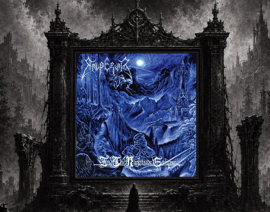 In the Nightside Eclipse. Das Cover des Albums auf einer Leinwand in der Finsternis.