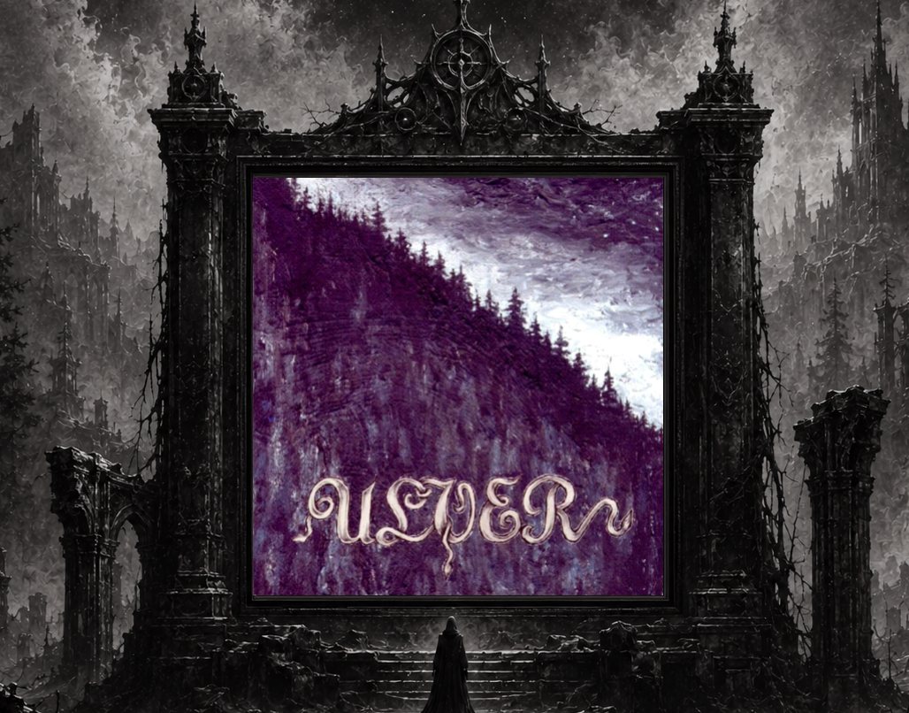 Ulver Bergtatt. Das Cover des Albums auf einer Leinwand in der Finsternis.
