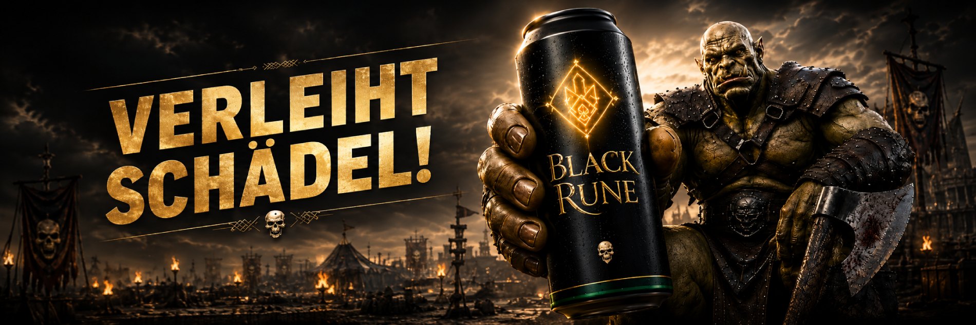 Düsterer Fantasy-Werbebanner für den fiktiven Energydrink „BLACK RUNE“. Rechts sitzt ein muskulöser Orkkrieger in abgenutzter Leder- und Metallrüstung in einem rauchigen Kriegslager, hält eine schwarze Getränkedose mit Runenzeichen und stützt sich neben einer großen Streitaxt ab. Links steht in großer schwarzer und roter Serifenschrift der Slogan: „BLACK RUNE verleiht Schädel.“