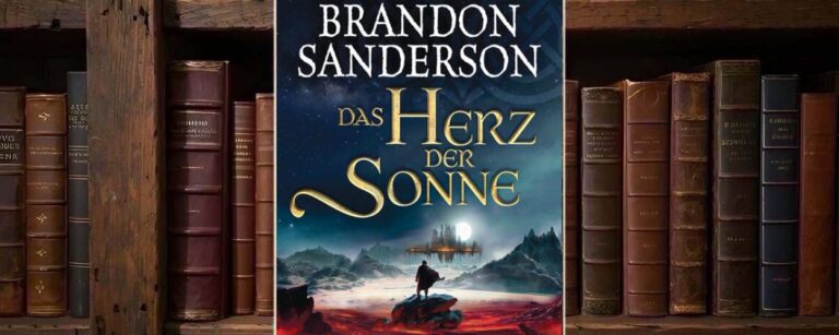 Dunkles Fantasy-Cover von Das Herz der Sonne: Ein einzelner Mann steht mit wehendem Mantel auf rotem, glutartigem Boden vor einer eisigen, zerklüfteten Landschaft. In der Ferne erhebt sich eine schwebende oder entrückte Stadt im Licht einer hellen Sonne, darüber ein sternklarer, blaugrüner Himmel mit kosmischen Symbolen. Die goldene Titeltypografie dominiert das Bild und betont den epischen Kosmeer-Charakter.
