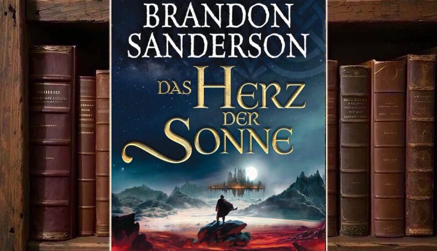 Dunkles Fantasy-Cover von Das Herz der Sonne: Ein einzelner Mann steht mit wehendem Mantel auf rotem, glutartigem Boden vor einer eisigen, zerklüfteten Landschaft. In der Ferne erhebt sich eine schwebende oder entrückte Stadt im Licht einer hellen Sonne, darüber ein sternklarer, blaugrüner Himmel mit kosmischen Symbolen. Die goldene Titeltypografie dominiert das Bild und betont den epischen Kosmeer-Charakter.
