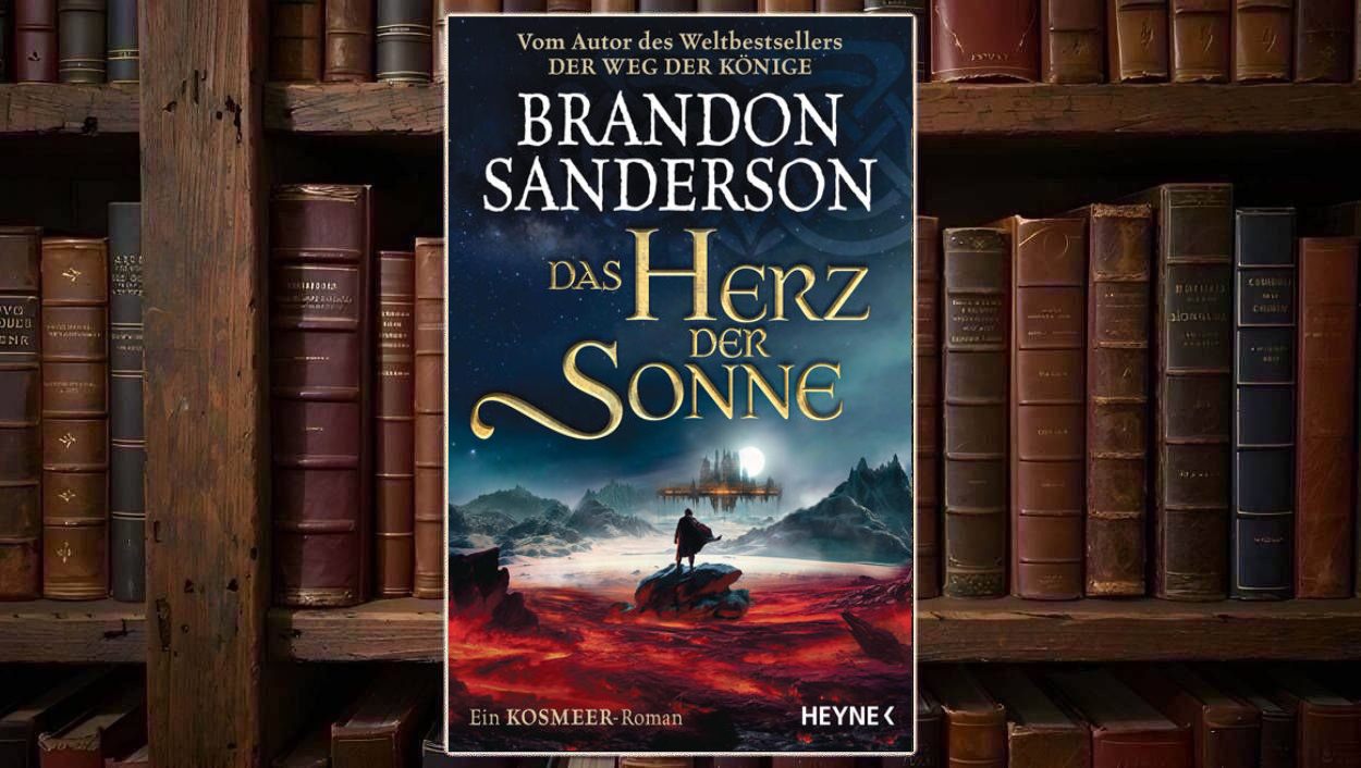 Dunkles Fantasy-Cover von Das Herz der Sonne: Ein einzelner Mann steht mit wehendem Mantel auf rotem, glutartigem Boden vor einer eisigen, zerklüfteten Landschaft. In der Ferne erhebt sich eine schwebende oder entrückte Stadt im Licht einer hellen Sonne, darüber ein sternklarer, blaugrüner Himmel mit kosmischen Symbolen. Die goldene Titeltypografie dominiert das Bild und betont den epischen Kosmeer-Charakter.