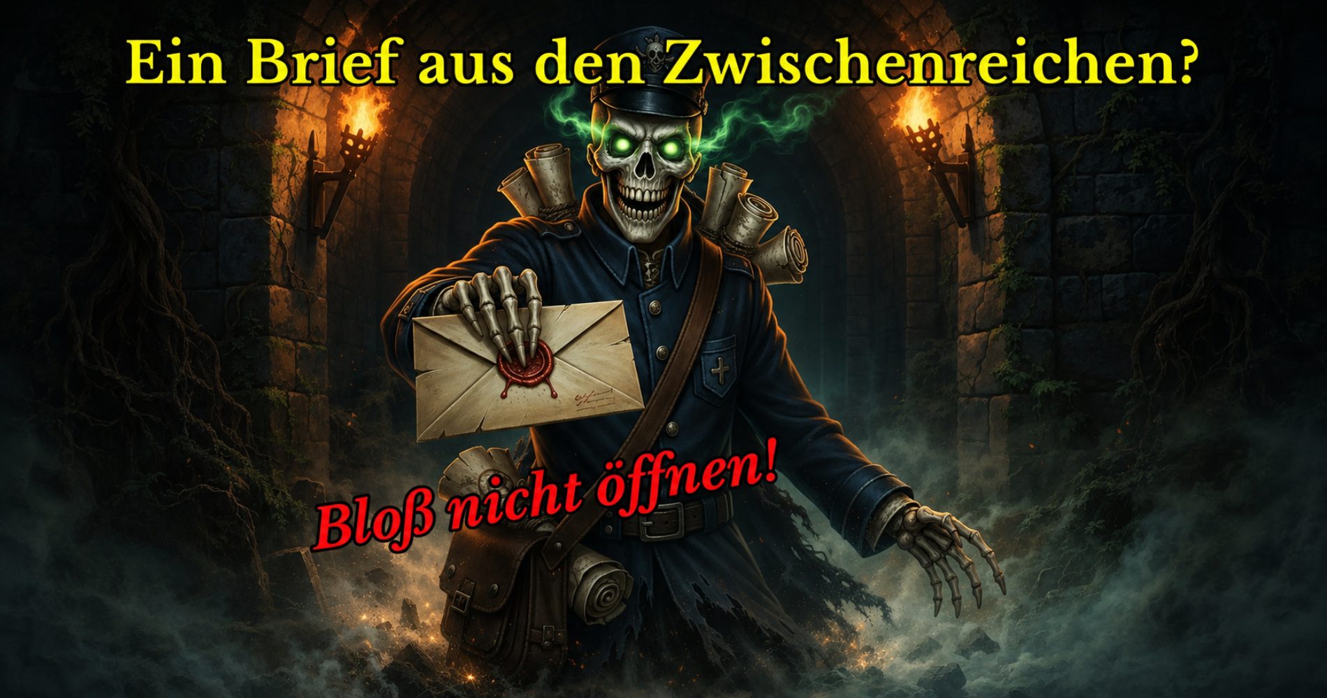 Ein skelettierter Postbote mit glühend grünen Augen hält einen versiegelten Brief entgegen. Um ihn herum leuchten Fackeln in einem dunklen Kerker. Text: ‚Wenn der Postmann keinmal klingelt. Briefe aus den Zwischenreichen.
