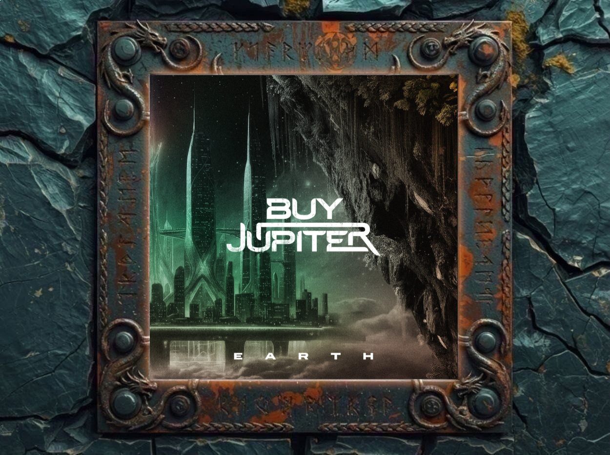 Albumcover von Buy Jupiter – EARTH: Futuristische nächtliche Stadtlandschaft in grünlichem Licht mit Hochhäusern, Wasser und Spiegelungen. Rechts ragt ein riesiger dunkler planeten- oder bestienartiger Körper ins Bild. In der Mitte steht das weiße Bandlogo Buy Jupiter, unten der Albumtitel EARTH.