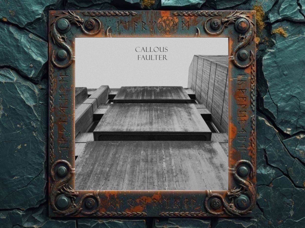 Albumcover von Callous Faulter – Callous Faulter: Schwarzweißes Foto einer massiven Betonfassade, von unten nach oben fotografiert. Große graue Gebäudeblöcke ragen steil in einen hellen, leeren Himmel. Oben steht der Bandname Callous Faulter in schlichter Serifenschrift. Das Cover wirkt kalt, urban, minimalistisch und bedrückend.
