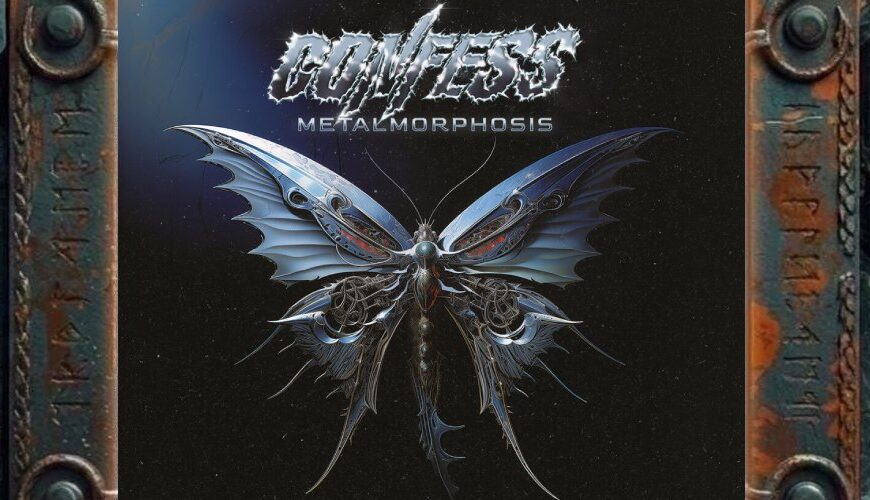Albumcover von Confess – Metalmorphosis: Vor dunklem, leicht kosmischem Hintergrund schwebt ein großer metallischer Schmetterling mit chromblauen Flügeln, scharfkantigen Formen und mechanischen Details. Über dem Insekt steht das gezackte Confess-Logo in silberner Optik, darunter der Albumtitel Metalmorphosis. Das Cover wirkt futuristisch, glänzend und hardrockig, als würde Glam Metal auf Sci-Fi-Chrom treffen.