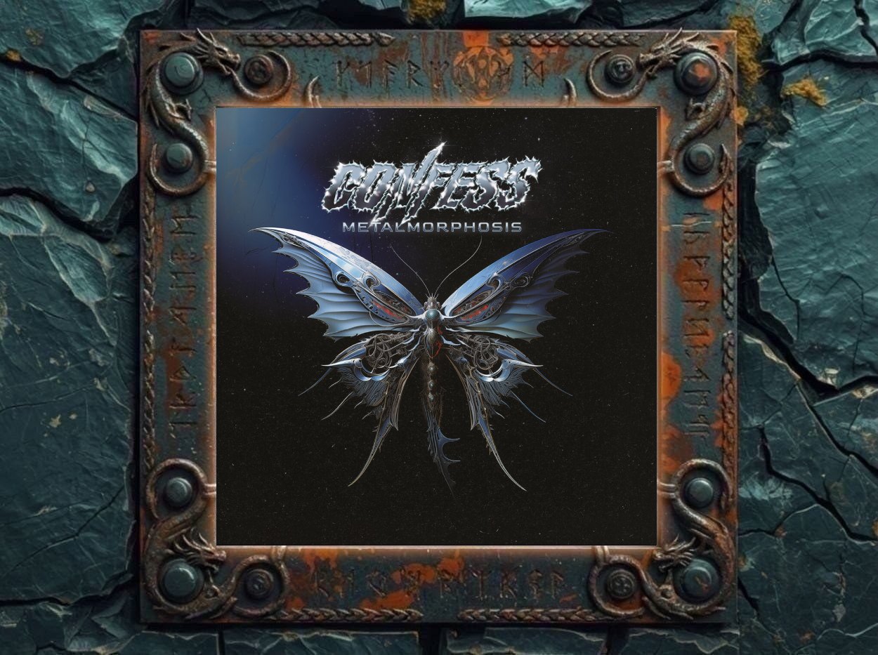 Albumcover von Confess – Metalmorphosis: Vor dunklem, leicht kosmischem Hintergrund schwebt ein großer metallischer Schmetterling mit chromblauen Flügeln, scharfkantigen Formen und mechanischen Details. Über dem Insekt steht das gezackte Confess-Logo in silberner Optik, darunter der Albumtitel Metalmorphosis. Das Cover wirkt futuristisch, glänzend und hardrockig, als würde Glam Metal auf Sci-Fi-Chrom treffen.
