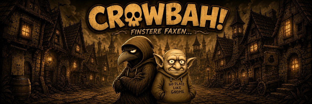 Schmaler Crowbah Banner mit Crowbah und Grabhold vor dunkler Comic Stadt.