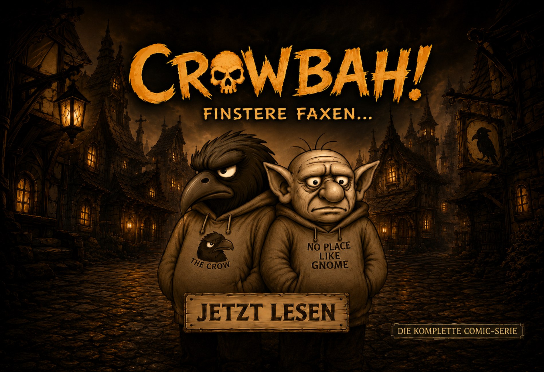 Schmaler Crowbah Banner mit Crowbah und Grabhold vor dunkler Comic Stadt.