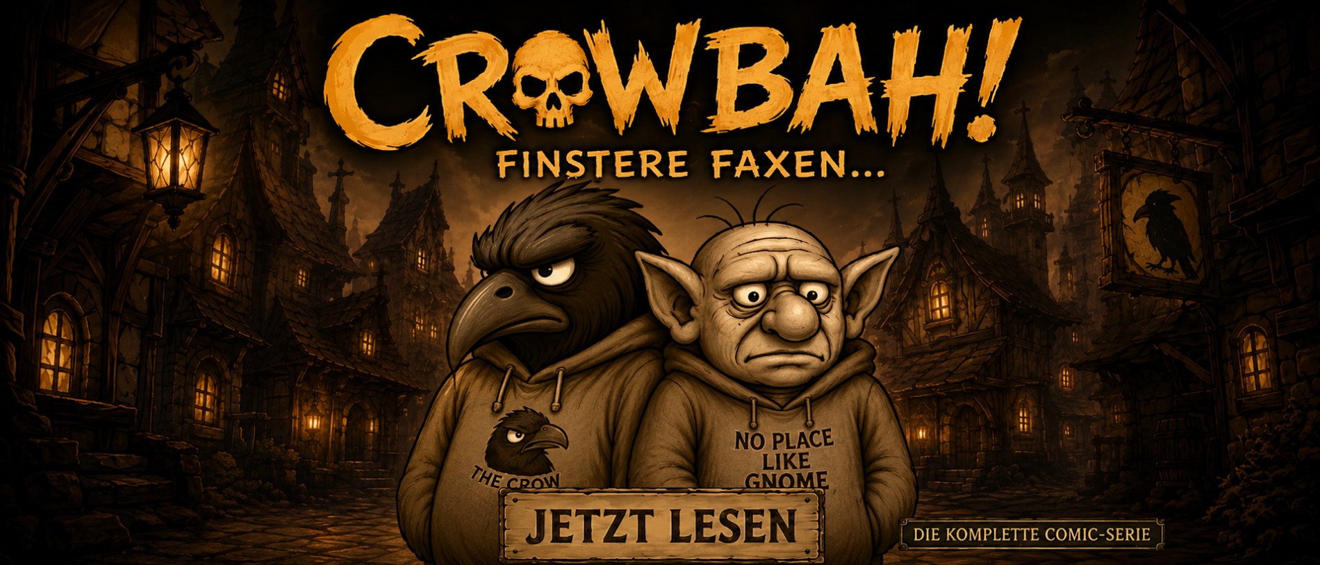 Schmaler Crowbah Banner mit Crowbah und Grabhold vor dunkler Comic Stadt.