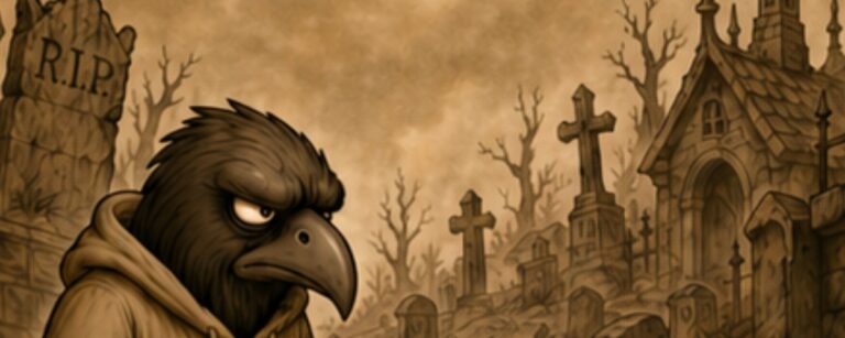 Crowbah guckt skeptisch und im Hintergrund ist ein Friedhof im Comicstyle.