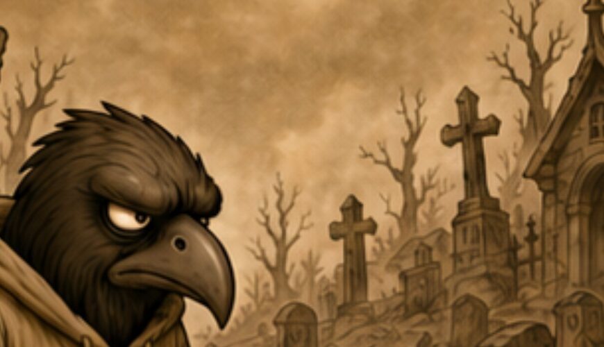 Crowbah guckt skeptisch und im Hintergrund ist ein Friedhof im Comicstyle.